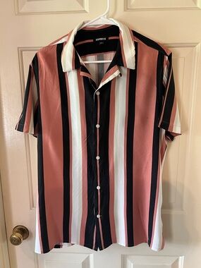 Express Men’s Rust-Pink, Black & White Vertical Stripe Camp Shirt